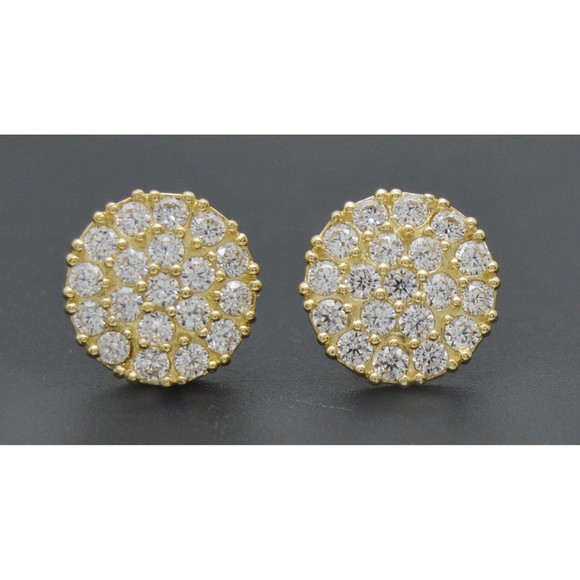 Real 10K Solid Yellow Gold 11.3mm Men CZ Halo Circle Cluster Stud Earrings 2.2gr